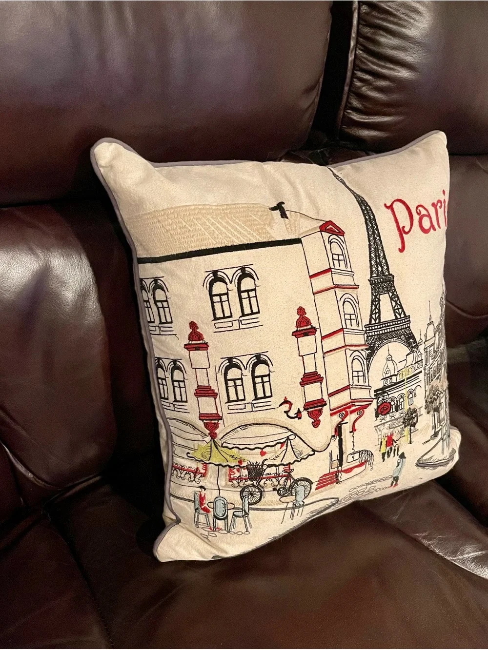 Cynthia Rowley Paris Scene Embroidered Pillow - Red & Cream
